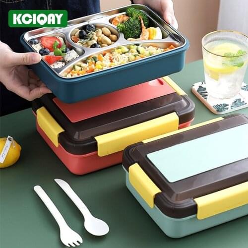 1000ML Japanese Kids Bento Box 304 Stainless Steel Lunch Box 4 Compartments Leakproof Microwave Food Storage Box With Spoon Fork