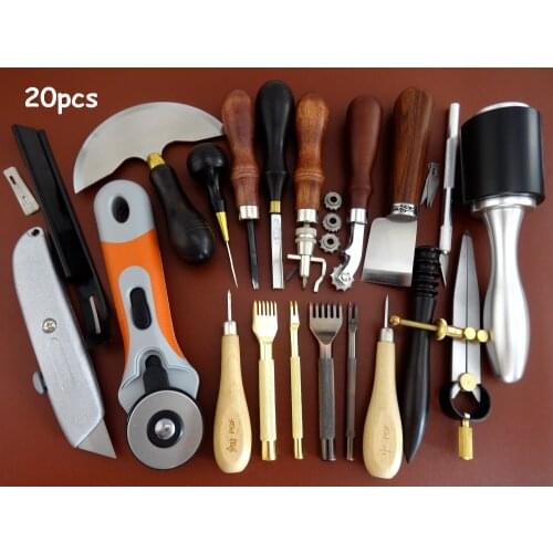 20pcs Leather Craft Edger Beveler Skiver Slicker Burnisher Groover Awl Chisel Tool Set - Sewing Stitching Carving Stamping Knife