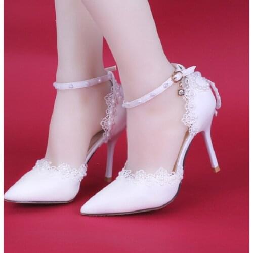 2021 summer new rhinestone high heels wedding lace bridal shoes hollow pointed buckle female sandals