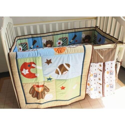 Promotion! 5pcs embroidered baby bedding set crib set cartoon baby crib set,include(bumper+duvet+bed cover+bed skirt+diaper bag)
