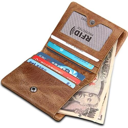 BISI GORO Crazy Horse Leather Men Card Holder Vintage Zip Coin Purse Protection Anti Rfid Driver License Wallet Porta Tarjetas