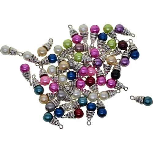 50Pcs Mixed Color Dangle Round Beads Charms Pendant Glass Pearl DIY Jewelry