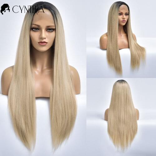 Long Silky Stright Ombre Blonde Lace Front Synthetic Wig For Black White Women Heat Resistant Female Natural Fiber Wig