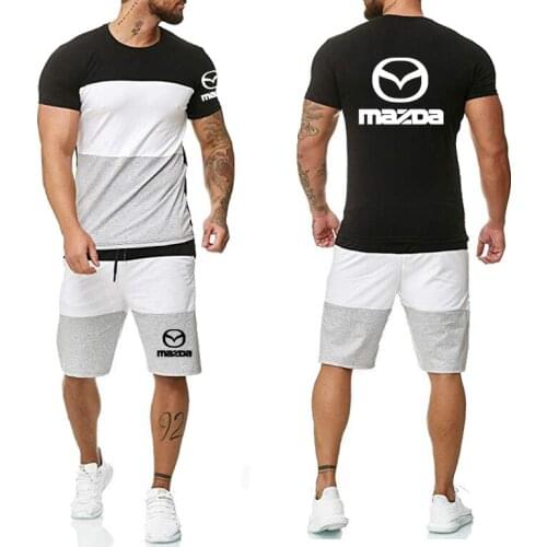 Summer Mens T-shirt Mazda Car Logo Print Casual Cotton Splicing High Quality Mens short sleeve + shorts 2-piece set