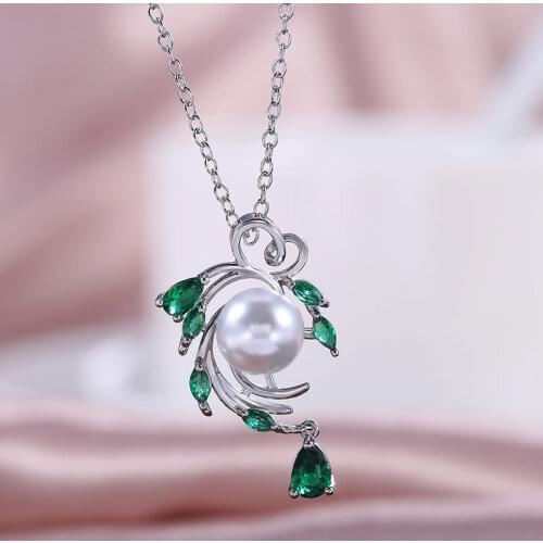 Huitan Party Necklace Women Green Cubic Zirconia Imitation Pearl Design Pendant Jewelry Girlfriends Best Gift Luxury Charms New