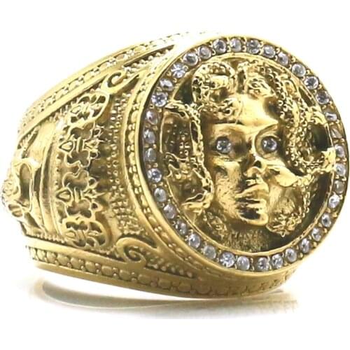 Unisex 316L Stainless Steel Gold-Color Medusa Clean Stone King Skull Ring