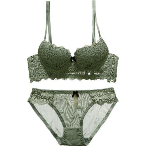 Women Sexy Bra Lingerie Solid Color Lace Bow Openwork Flanking Gathering Half Cup Brassiere + Panties Underwear Set