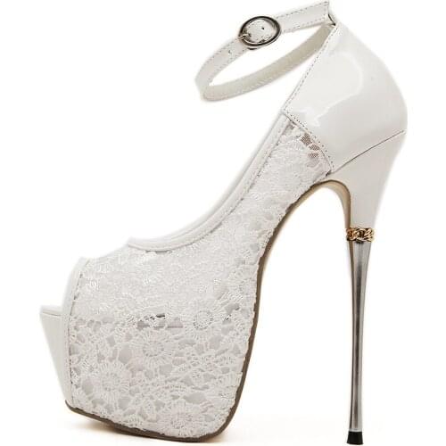 Lace Bridal Ankle Strap Heels Platform Sandals Party Shoes For Women Wedding Pumps 16CM High Heels Open Toe Fetish Shoes