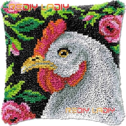 Latch Hook Cushion Cover Rooster in Rose Needlepoint Kits Chunky Acrylic Yarn Crocheting Pillow Case Arts & Crafts