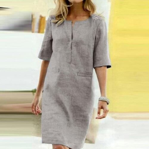 70% Hot Sell Women Vintage Solid Color O Neck Half Sleeve Pockets Loose Knee-length Dress
