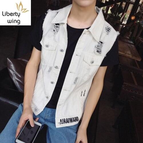 Design New Spring Letter Printed Mens Sleeveless Denim Vests Fashion Single Breasted Hole Ripped Slim Male Waistcoats Plus Size