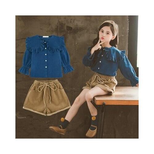 5-10 years old clothing spring and autumn new girls baby children corduroy doll collar shorts suit princess two-piece suit