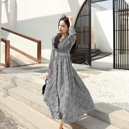 Fashion V-Neck Dress Women Long Sleeve Split Fashion Single Breasted Long Maxi Dress Female Party Casual Printed Floral Vestidos