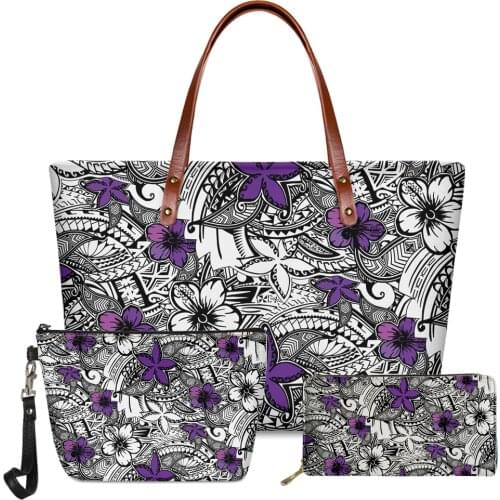 Polynesian Strips Handbag Set Tribal Hibiscus Women Pattern 2021 Fashion Lady Big Soft Shoulder Bag Handbag Pu Purses Wholesale