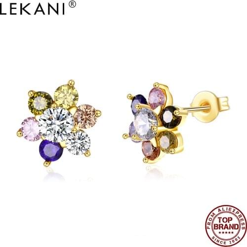 LEKANI Colorful Cubic Zirconia Flower Stud Earrings For Women Korean Version Of Cool Earring Anniversary Girl Fashion Jewelry