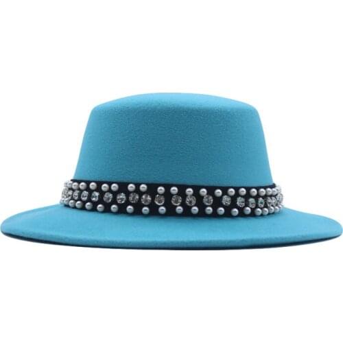 Men Women White Fedora Hat Wide Brim Wool Felt Panama Hats With Pearl Buckle Flat Trilby Cap Black Formal Caps Chapeau Femme