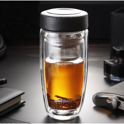 380ML Double Wall Glass Water Bottle High End Thickness Borosilicate Glass Elegant Leakproof Bottle With Tea Infuser For Car