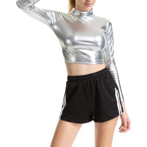 Women Liquid Metallic Long Sleeve Crop Top Punk Turtleneck Holographic T Shirt Cropped Tops For Rave Club Dance Mock Neck Shirt