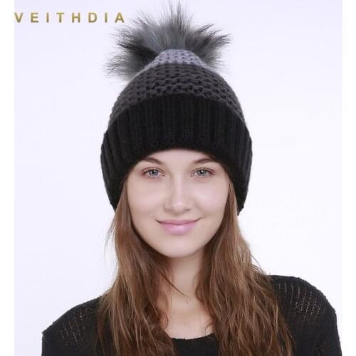VEITHDIA Woman Winter Hat Beanie Faux Fur Ball For Hats Knitted Cap Skully Warm Ski Hat Trendy Soft Thick Female Caps