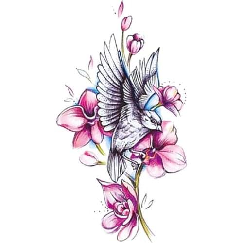 Waterproof Temporary Tattoo Sticker Watercolor Design Flower Branches Bird Fake Tattoos Flash Tatoos Arm Body Art for Women Girl