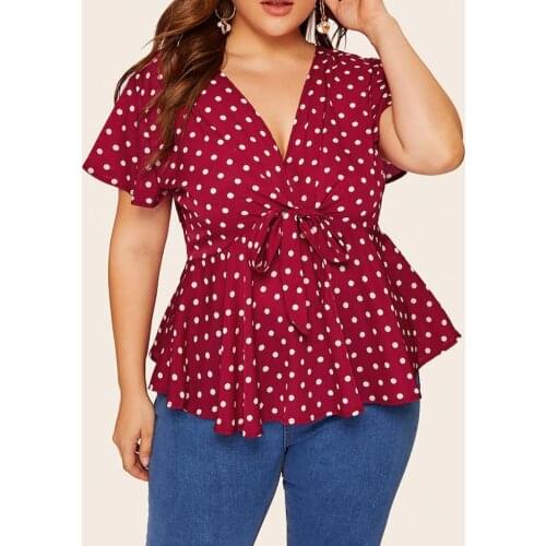 Office Lady Short Sleeve V Neck Polka Dot Print Belt Large Hem Loose T-shirt casual summer top ladies 2020