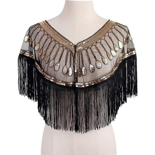 Womens 1920s Mesh Sequin Wedding Cape Evening Shawl Wrap Roaring 20s Beaded Cape Fringed Gatsby Flapper Dress Accessories