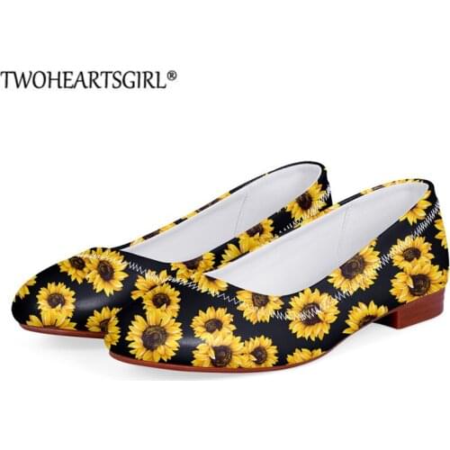Twoheartsgir Stylish Floral Loafer Flats Vintage Sunflower Print Non-slip PU Leather Female Boat Shoes Low Heels Single Shoes