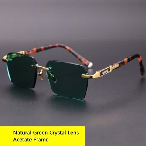 Natural Green Crystal Stone Lens Sun Glasses Woman Vintage Acetate Rimless Glass Sunglasses Man Anti Eye Dry Scratch UV400