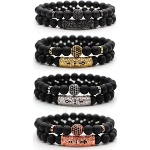 2PCS/Set Couple Round Ball Bracelet Beads Bracelet For Women Men Black CZ Zircon Bracelets Valentines Day Gifts