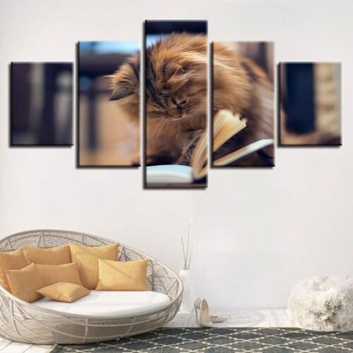 5 Pieces Animal Cats Are Reading Book Framework Modular Wall Art Canvas Painting Picture Poster Decor Living Room Scenery Prints