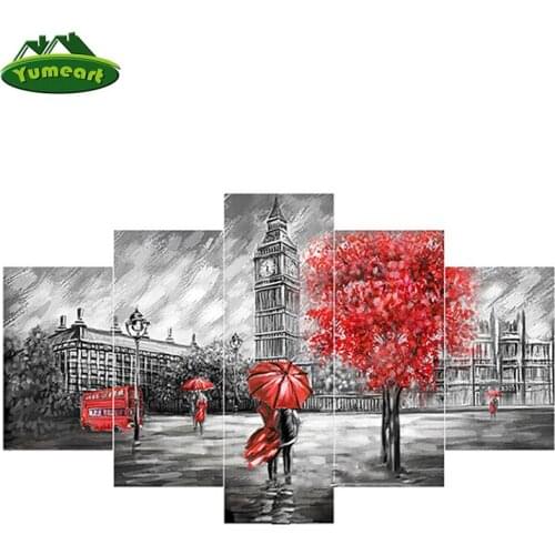 Diamond Painting Cross Stitch Diamond Embroidery London Tower Car Diamond Mosaic Red Umbrella Romantic Lover Pattern 5pcs/set