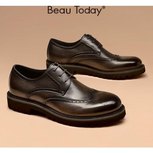 Brogue Derby Men Genuine Cow Leather Carved Waxing Polished Gentlemen Shoes Lace-Up Classical Autumn Handmade BeauToday 55505
