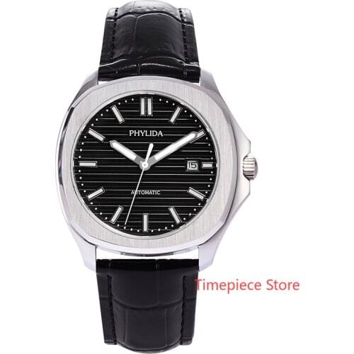 100M Waterproof 40mm Black Dial Mens Luxury Classic Wristwatch Miyota Automatic Watch Sapphire Crystal Leather Strap Green Lume