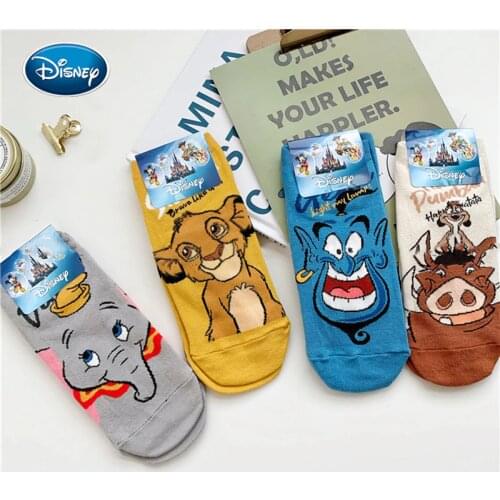 Disney 1pair woman Lion King Simba/Wild Boar/Aladdin Lamp God/Dumbo Socks Harajuku cartoon Print Funny sock spring short Sock