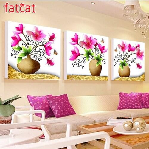 FATCAT 5d diy diamond painting still life pink flower vase full square round drill diamond embroidery triptych home decor AE1563