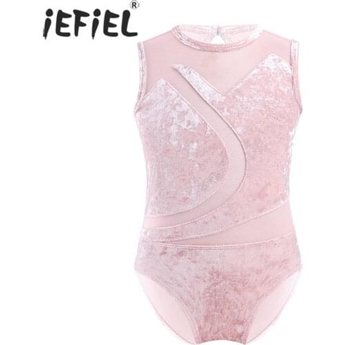 IEFiEL Kids Girls Pleuche Cutout Back Ballet Dancewear Gymnastics Leotard Contemporary Dance Costumes Bodysuit Dance Competition