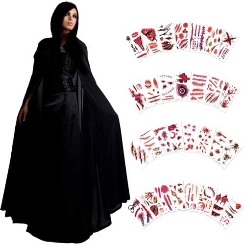 METABLE 1 Pieces Black Halloween Cloak Long Hooded Cloaks With 30 Sheets Halloween Temporary TattoosParties Role Play Masquerade