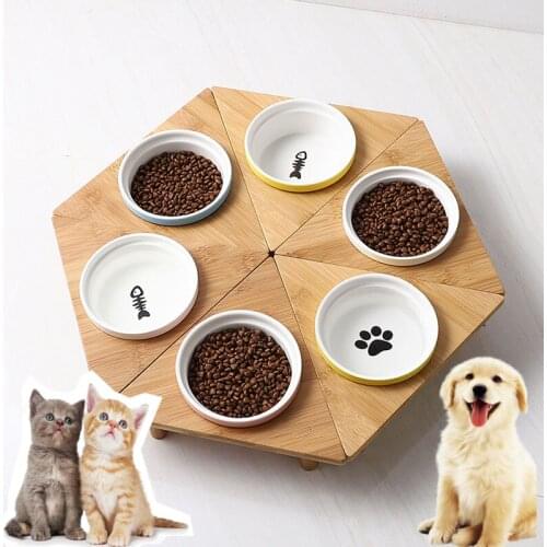 Fashion Dog Feeders Cat Bowl Pet Food Water Bowls Single Ceramic Tableware Bamboo Frame Antiskid Pets Supplies Accessories