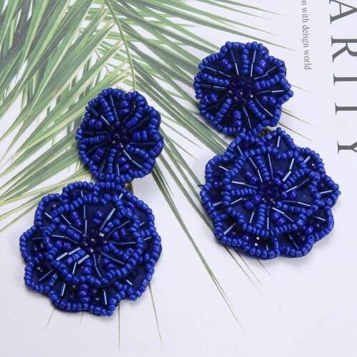 Trendy Beads Earrings For Woman Drop Earrings Wedding Party Blue Beads Flower Beaded Big Earrings Handmade Beads Fashion Jewelry