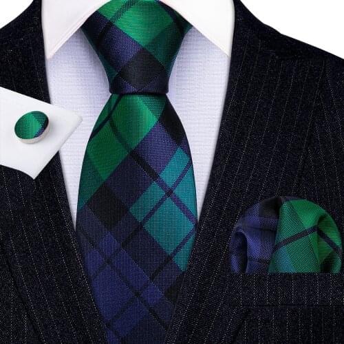Fashion New Green Plaid 100% Silk Tie Gifts For Men Gifts Suit Wedding Tie Barry.Wang NeckTies Hanky Sets Business LN-5332
