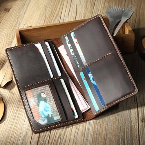 Handmade Vintage Crazy horse Genuine Leather Mens Long wallet Leather wallet Men clutch wallet male Purse money clips cash bag