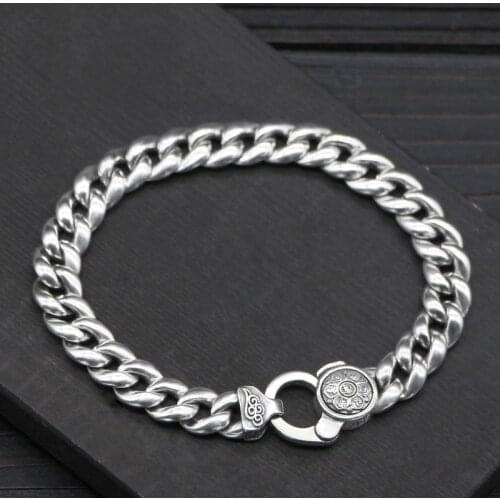 S925 Sterling Silver Solid Snake Bone Flat Buckle Fashion Six-word Mantra Retro Thai Silver Men And Women Bracelet Homme