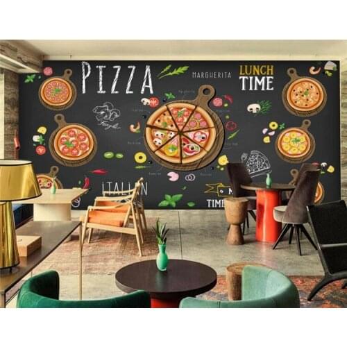 Custom restaurant wallpaper,Hand-painted cartoon delicious pizza,3D murals for cafe restaurant background wall PVC wallpaper