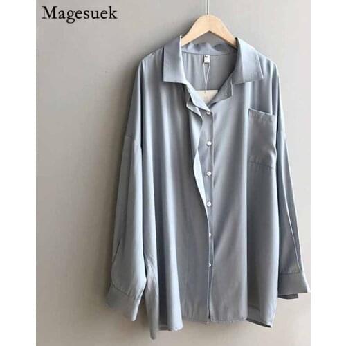 Office Ladies Solid 4 Colors Loose Chiffon Shirt Long Sleeve Lapel Pocket Elegant Blouse Women New Spring Blue Top Blusas 12631