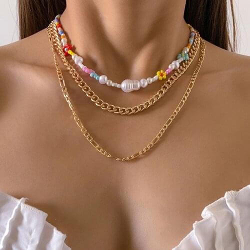 Punk Colorful Beads Daisy Flower Thick Chains Choker Necklace Women Multilayer Geometric Clavicle Necklace Collar Jewelry Gift