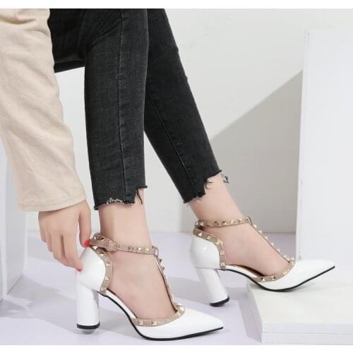 Womens Shoes Summer High heels Fashion Female Sandals Rivet Metal Decoration Leather Style Women High Heels Hollow pointed
