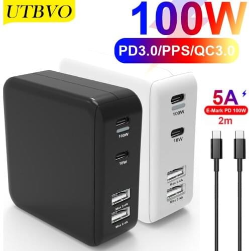 UTBVO USB C Fast Charger 100W 4Port Charging Block with 2 USB-C PD 3.0 & 2 USB-A Ports, Quick Wall Charger Type C Laptop Adapter