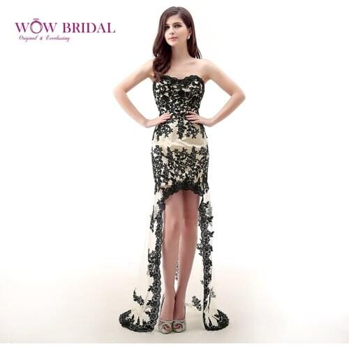 Wowbrial Gorgeous Short Front Long Back Evening Dress 2021 Sweetheart Strapless Lace Appliqued Shirt Chiffon Asymmetrical Skirt