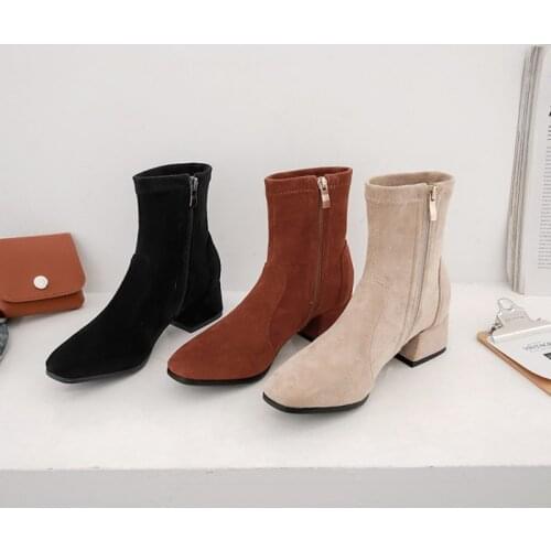 Ochanmeb Good Quality Womens Faux Suede Leather Stretch Ankle Boots Black Brown Nude Booties Autumn Fall Shoes Woman Size 33-43