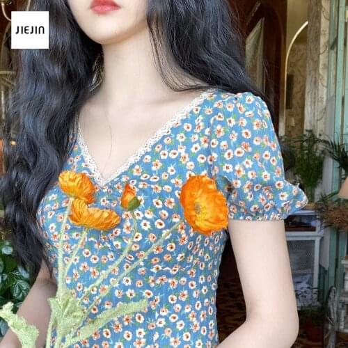 Womens Floral Dresses Casual Summer 2021 Holiday Dress Women Floral Print Elegant Boho Long Dress Short-Sleeve V-neck Robe 2XL